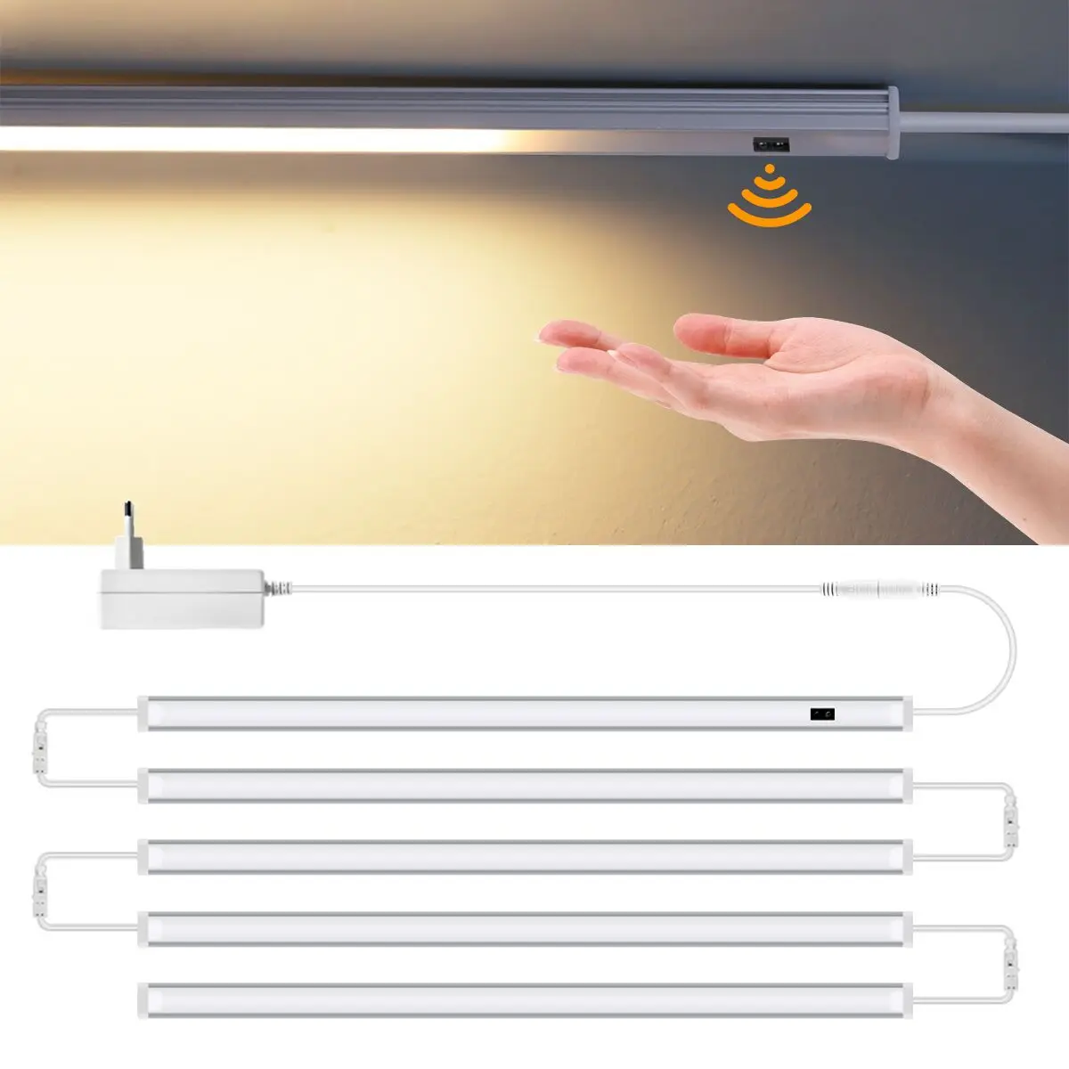 Kit de iluminación LED con Sensor para debajo del gabinete de cocina, barra de luz LED vinculable, interruptor regulable de barrido manual, estante para mostrador, armario de banco de trabajo