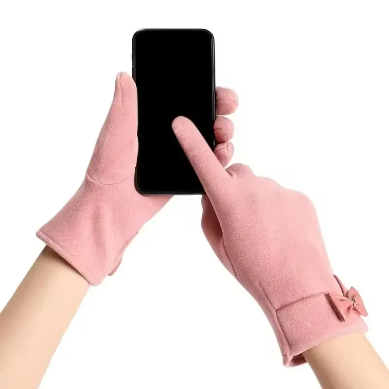 ผู้หญิงใหม่ Keep WARM Touch Screen PLUS กํามะหยี่ภายใน Thicken Windproof ขี่จักรยานน่ารักน่ารัก Bowknot Elegant ความยืดหยุ่นถุงมือนุ่ม
