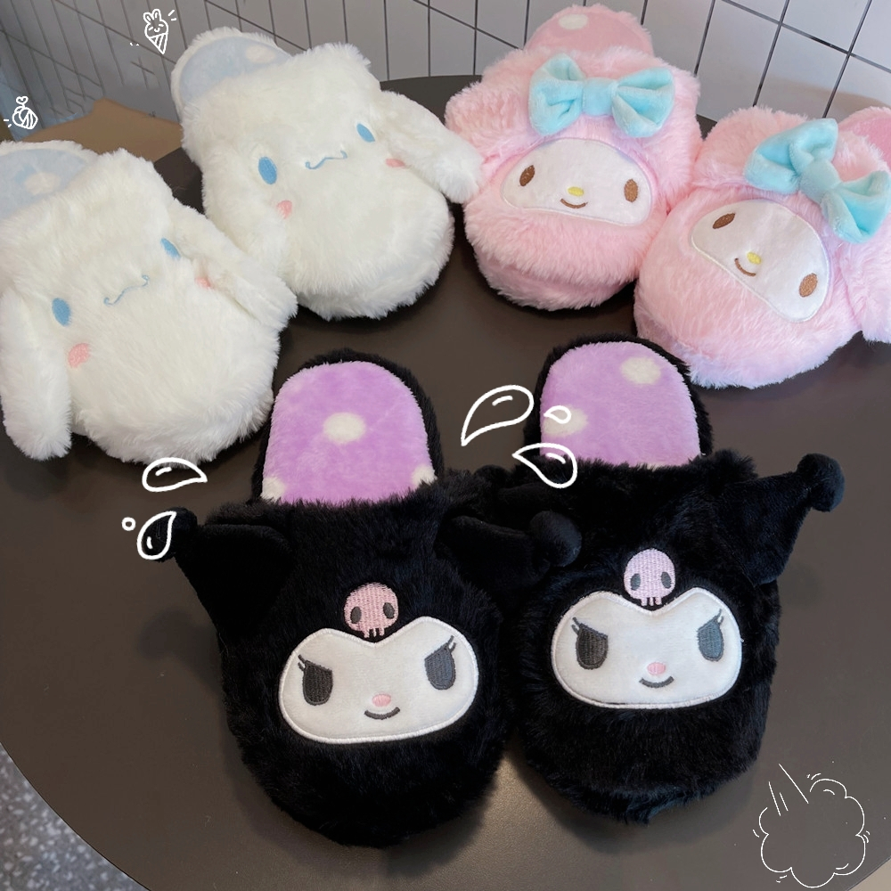 Kuromi My Melody Sanrio การ์ตูนรองเท้าแตะ Plush รองเท้าแตะฤดูหนาวที่อบอุ่นรองเท้าแตะในร่มแบนสบายๆลื่นสาวรองเท้า