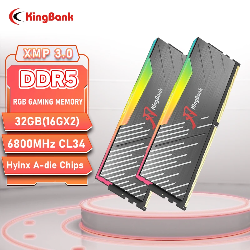 Kingbank DDR5 Memoria Ram DDR5 6400MHz 6800MHz 32GB (16GB X2) 64GB (32GB X2) Memoria Ram DDR5 RGB XMP3.0 Computadora de escritorio DIY