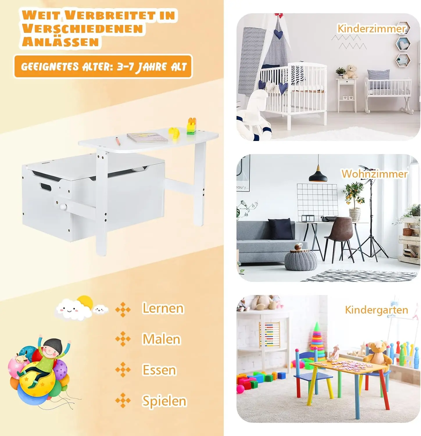 3-in-1-Kindertisch mit Bank, Sitzgarnitur mit Stauraum und Decke, von 3 bis 7 Jahren, 60 x 34 x 57 cm (weiß)