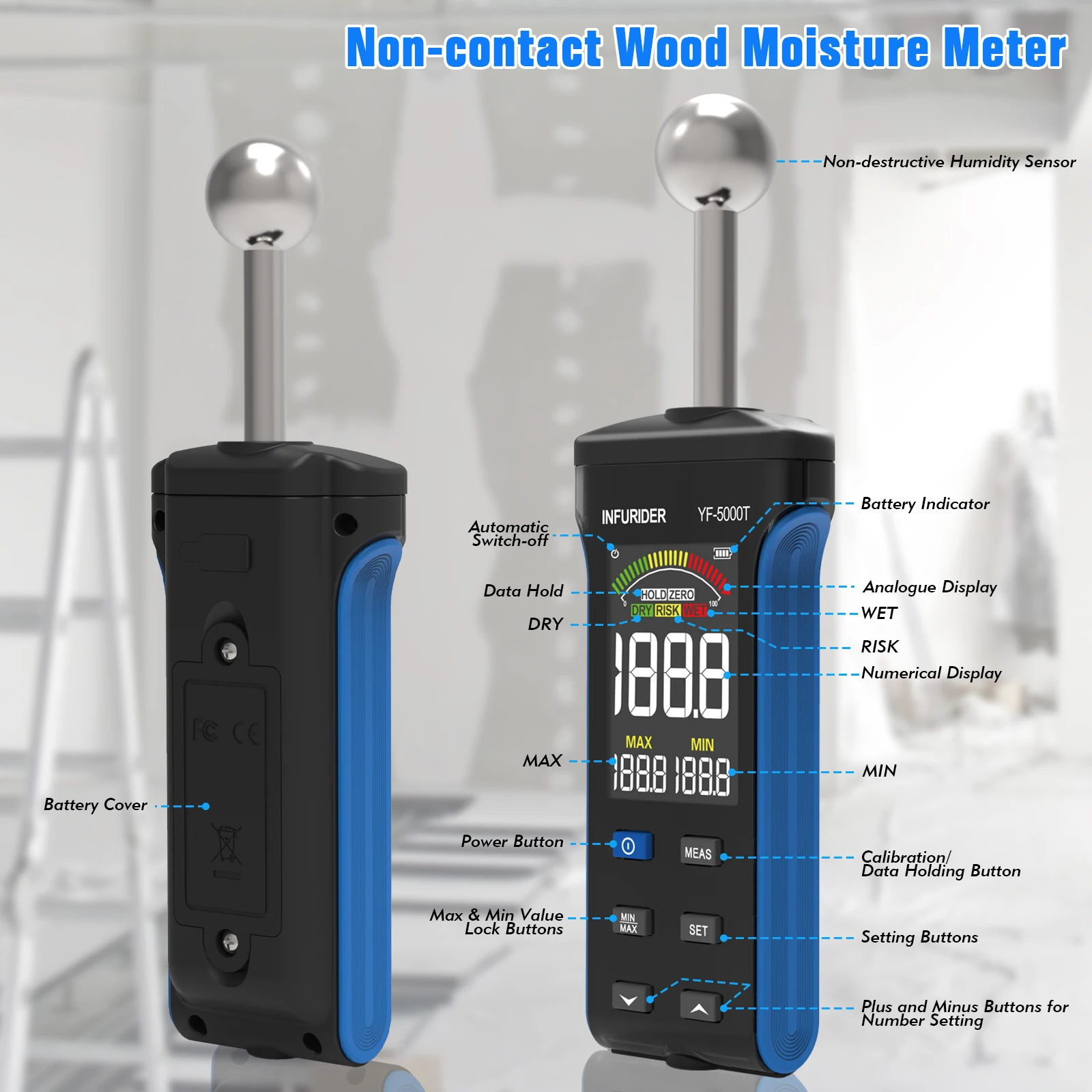 Pinless Moisture Meter with Ball Probe & Color LCD, 0~70% RH Range, Alarm Function for Wood/Walls/Concrete/Masonry/Gypsum