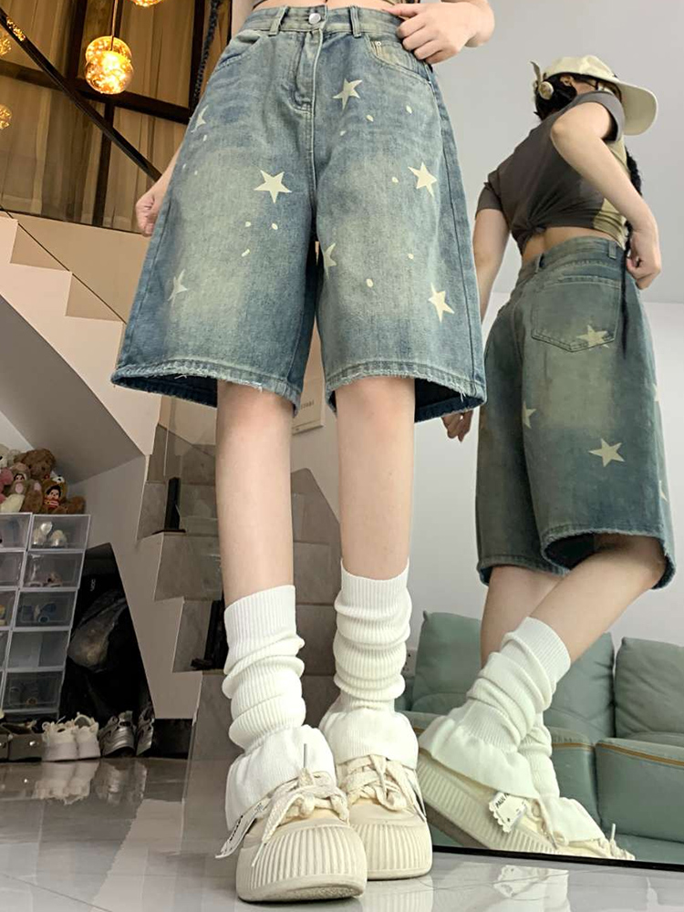Vrouwen Hoge Taille Amerikaanse Retro Gewassen Wijde Pijpen Jeans Meisjes Straat Doen Oude Ster Losse Denim Broek Vrouwelijke Blauwe Knielengte Shorts