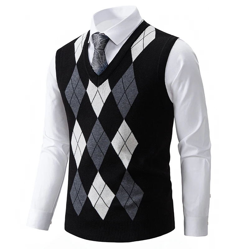 Heren Zachte Trui Vest Lente Herfst Mouwloze Gebreide Trui Man Vader Mode Gebreide Vesten Zwart Grijs Plaid S-2XL