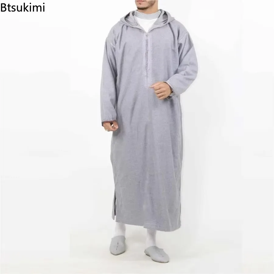 2025 Muslimische Männer Casual Jubba Thobe Mode Abayas Nahen Osten Ethnischen Stil Mit Kapuze Lange Roben Pakistanische Islamische Kleidung Homme