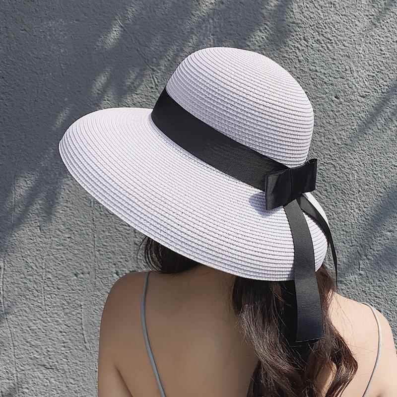 Retro Hepburn Black Internet Famous Straw Hat Sunshade Hat Sunscreen Beach Holiday Large Brim Women's Summer Sun Hat