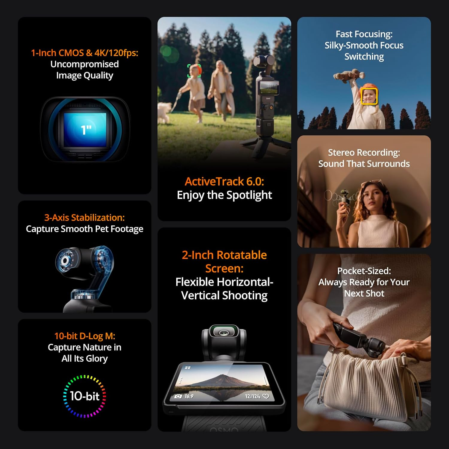 Cámara DJI Osmo Pocket 3 con CMOS de 1'', video 4K/120 fps, estabilización de 3 ejes, pantalla táctil giratoria de 2'', cámara de video compacta