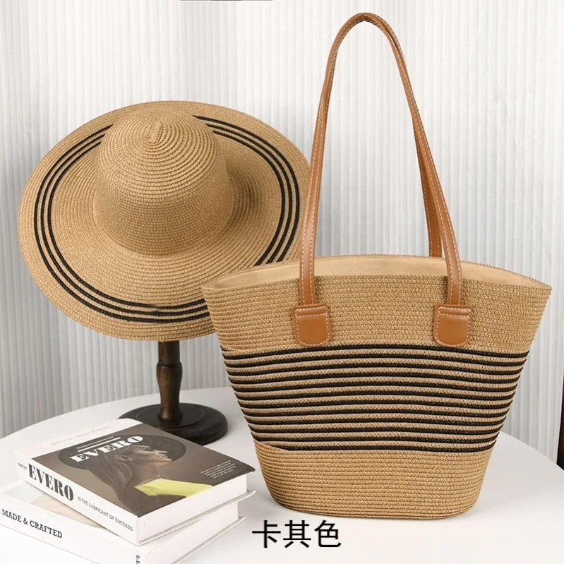 Conjunto de sombrero y bolsa de paja de gran capacidad más vendido, bolso de mano para exteriores, sombrero para el sol de moda