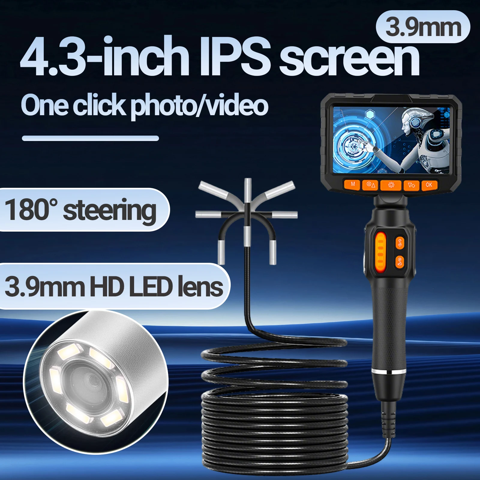 Boroscopio articulado de 6,4 MM y 3,9 MM con pantalla IPS de 4,3 pulgadas cámara boroscopio bidireccional HD1080P endoscopio alcance automotriz