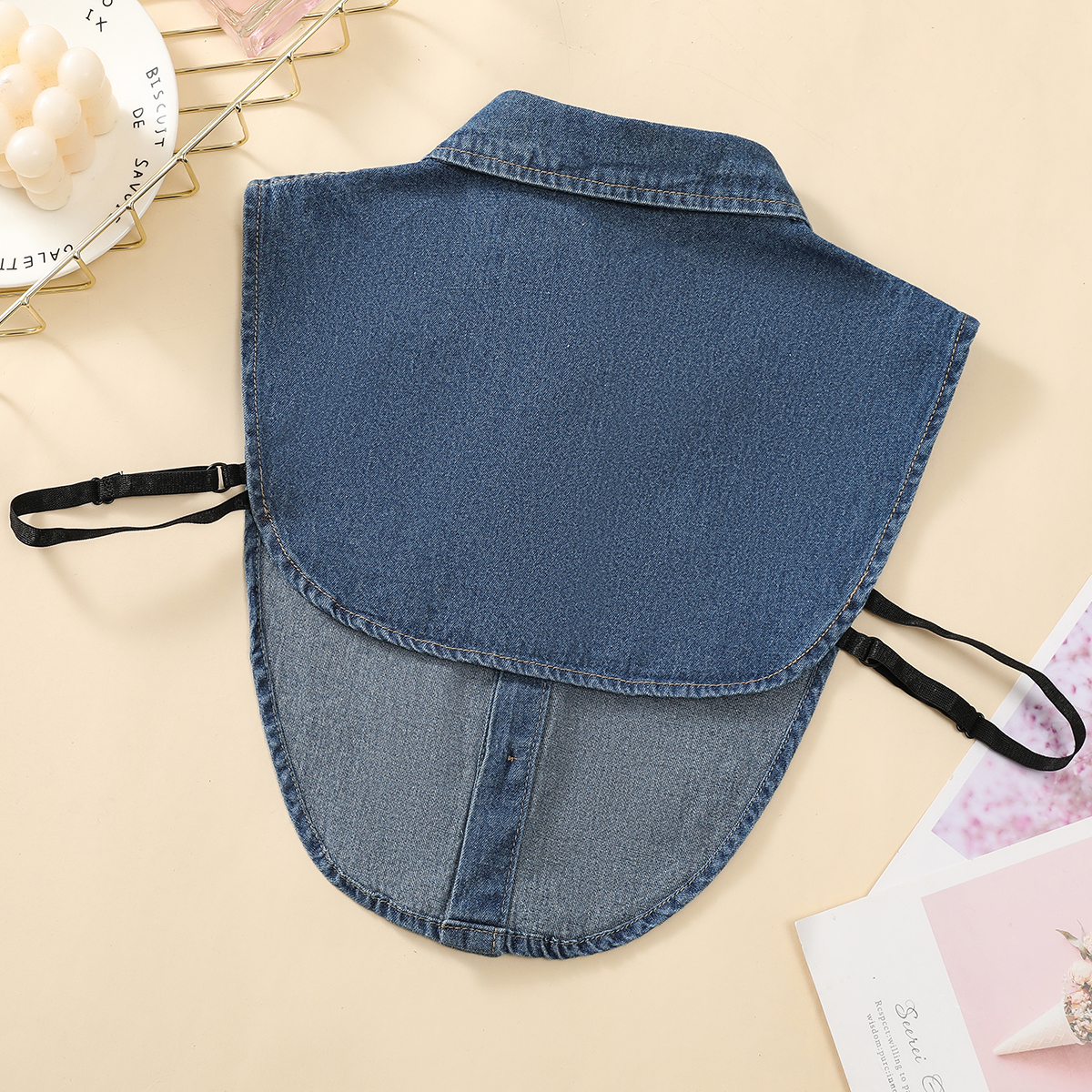 Cuello falso de mezclilla lavada azul con cuello puntiagudo para mujer, cuello estilo media camisa con decoración versátil informal profesional