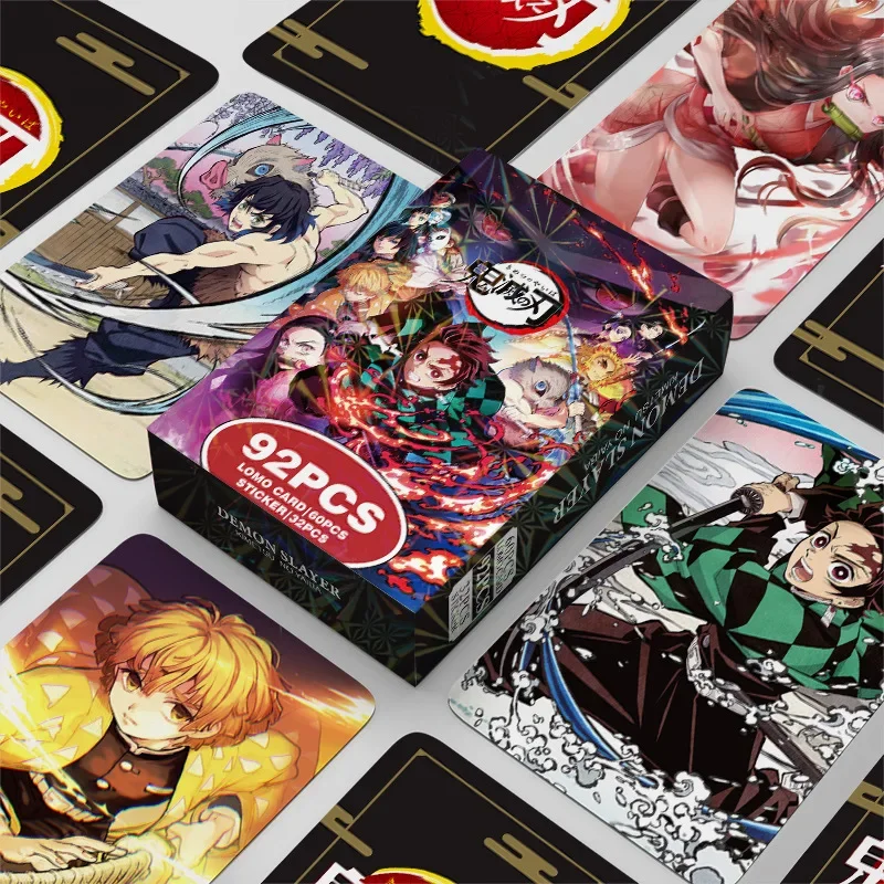 92 unids/set de tarjetas y pegatinas Demon Slayer LOMO, tarjetas fotográficas con impresión de doble cara HD de alta calidad