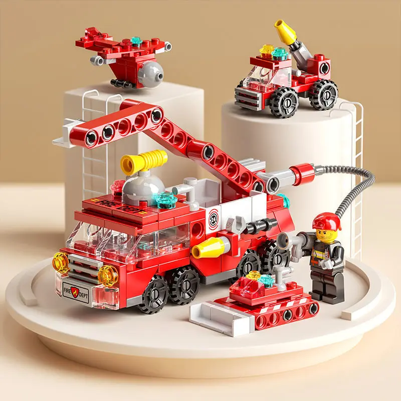 Pequenas partículas mini caminhão de bombeiros série de carros de polícia quebra-cabeça infantil brinquedos blocos de construção militares montagem de menino