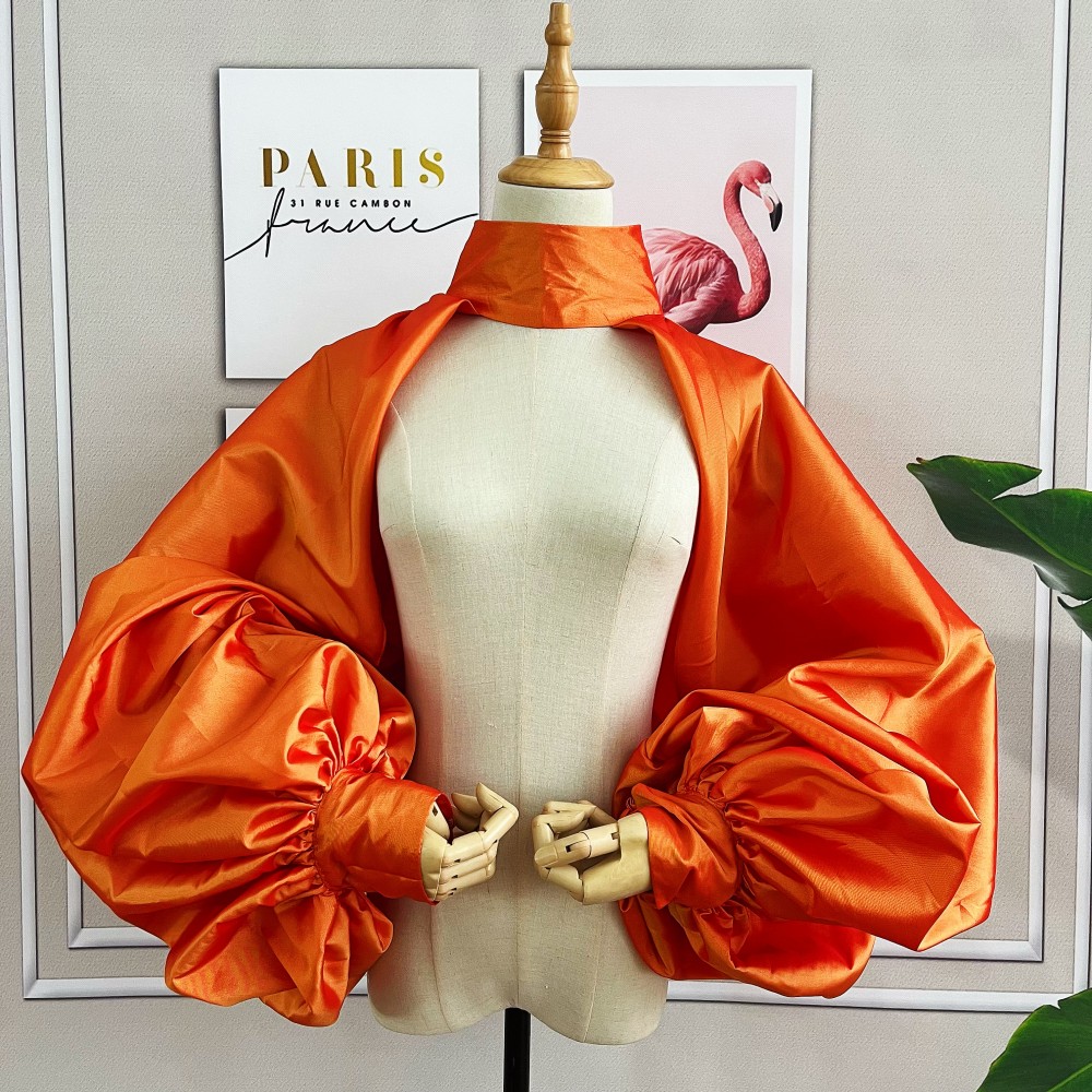 Veste à manches bouffantes, Orange et or, cape courte, boléro, châle, col haut avec boutons, accessoires de mariée