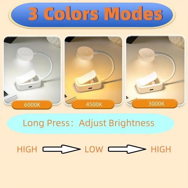 โคมไฟหนีบหนังสือแบบพับได้ขนาดเล็ก ชาร์จผ่าน USB ไฟ LED สำหรับอ่านหนังสือกลางคืน 3 โหมด ป้องกันดวงตา ปรับความสว่างได้แบบไม่มีขั้นบันได ยืดหยุ่นได้ เหมาะสำหรับอ่านหนังสือในห้องนอน