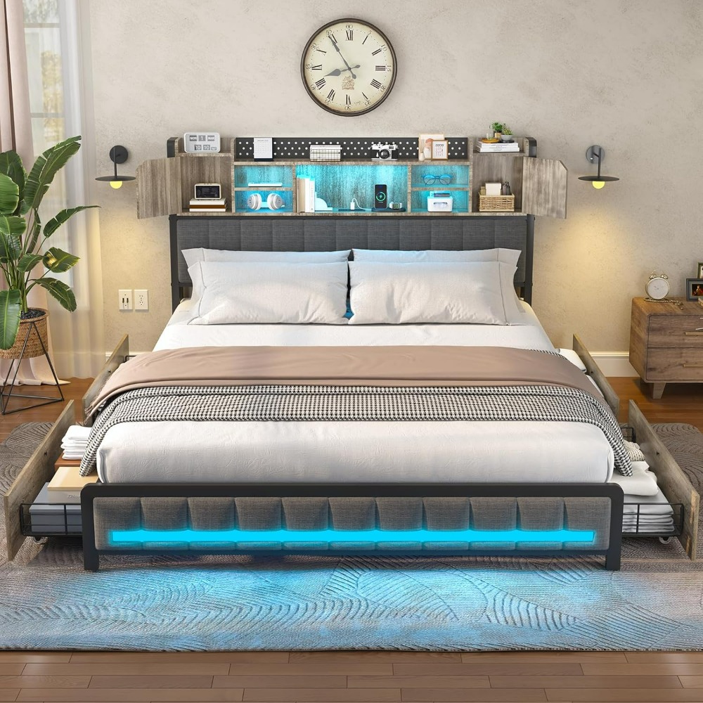 Queen Bed Frame with 4 Storage Drawers and Bookcase Headboard, Type-C & USB Charging Station, Metal Platform Bed with Storage