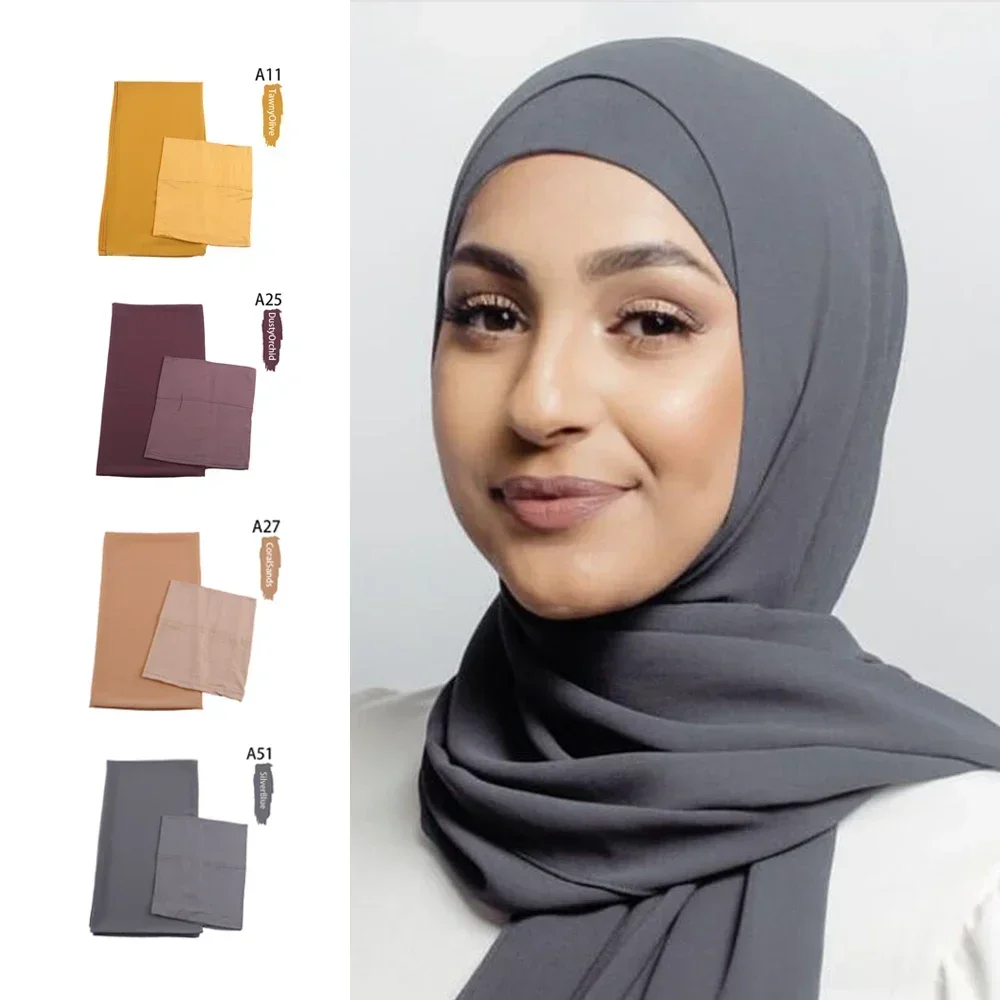 Hijab de gasa con gorro interior a juego, hiyab musulmán para mujer, pañuelo para la cabeza, Mantón largo de gasa con gorros interiores de Jersey de colores combinados