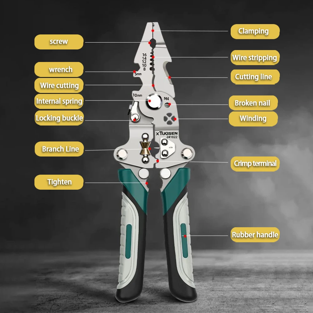Heavy-duty multifunctional wire stripper, foldable, with stripping, crimping, cutting and twisting functions