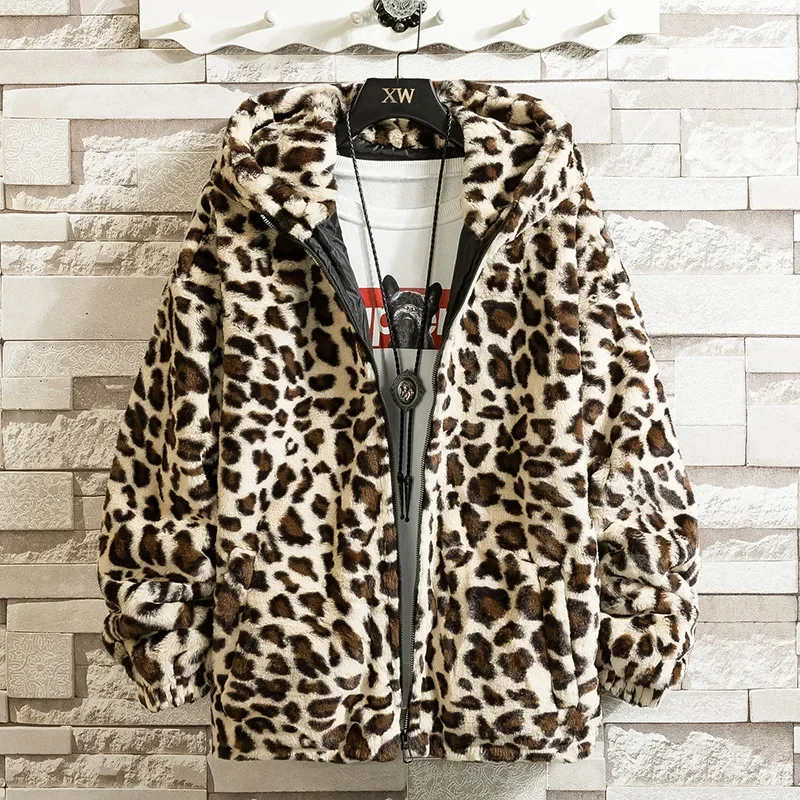 2024 Herren-Jacke mit Leopardenmuster, hübsche Kapuzenjacke aus Nerzimitat, mit Fleece gefüttert, warm