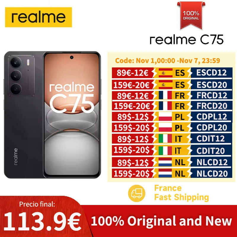 Versione globale realme C75 6.72 ''90Hz Display FHD 50MP AI Fotocamera 5828mAh Batteria 45W Carica IP69 Telefono cellulare originale al 100% NFC