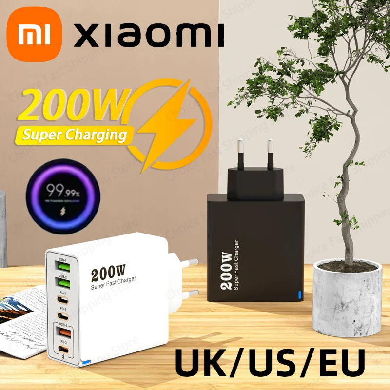 Xiaomi-cargador Ultra rápido de 200W, adaptador de cargador USB tipo C, Cable PD, cargador de teléfono de carga rápida, enchufe UE/EE. UU./Reino Unido para iPhone y Samsung