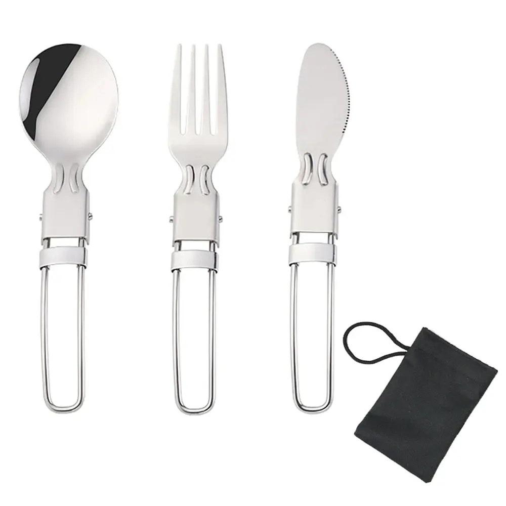 Set di posate da campeggio Accessorio da cucina in acciaio inossidabile Cucchiaio Forchetta Coltello con borsa in nylon Set di stoviglie pieghevoli