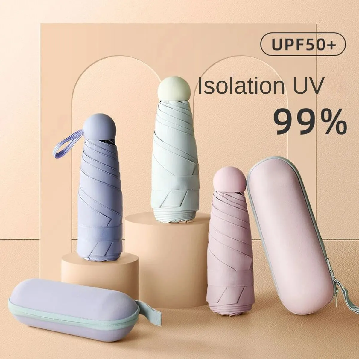 Ombrello a capsula parasole piccolo e portatile in tinta unita per donne e protezione a doppio uso per la pioggia