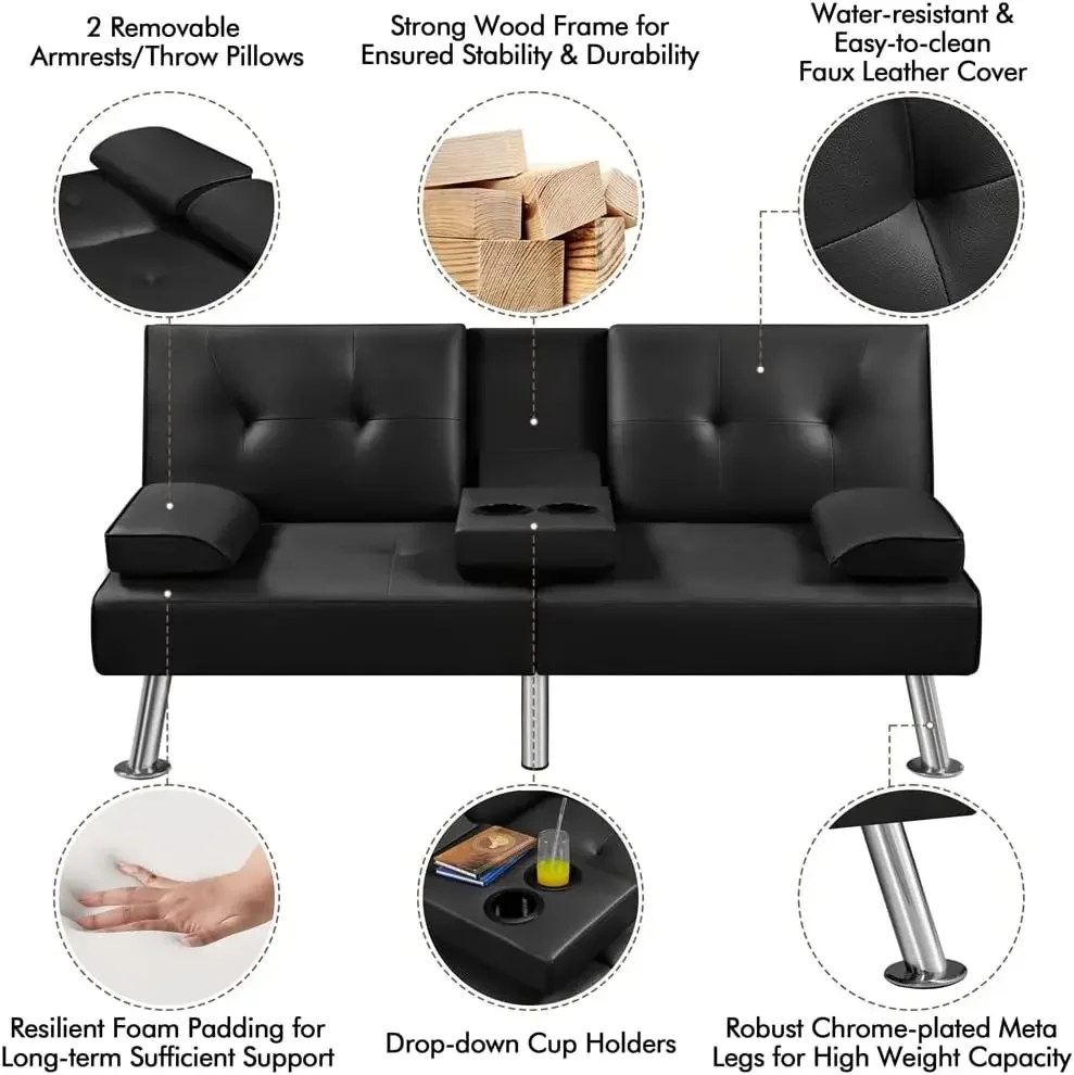 Convertible Sofa Bed Adjustable Couch Sleeper Modern Faux Leather Recliner Reversible Loveseat Folding Daybed Guest Bed, Removab