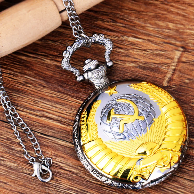 Vintage Emblem UdSSR Sowjetische Abzeichen Hammer Sichel Taschenuhr Retro Russland Armee CCCP Kommunismus Halskette Uhr Kette für Männer Frauen