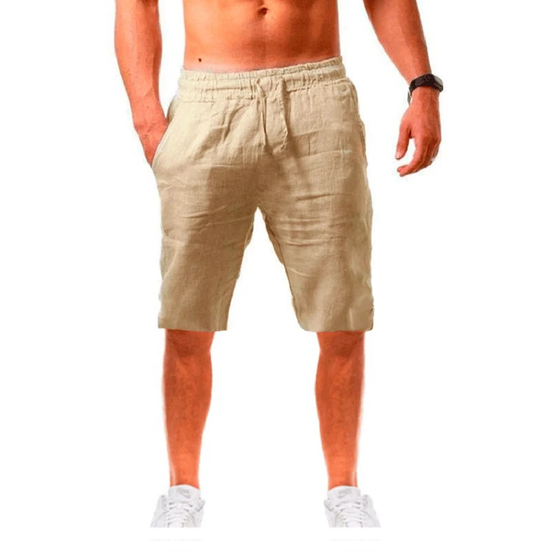 Novos homens de algodão linho shorts calças masculinas verão respirável cor sólida calças de linho fitness streetwear rendas até bottoms