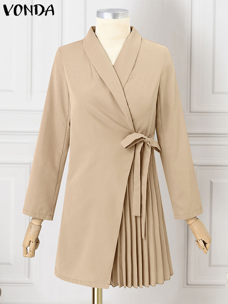 Vonda-女性の長袖フリルミニドレス,カジュアルなサンドレス,プリーツドレス,ラペルカラー,レースアップ,エレガント,ラージサイズ,5xl,2024