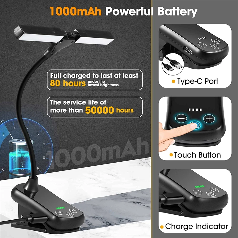 Luz de libro recargable en la cama, 2 luces LED ajustables con Clip, lámpara de lectura de libros portátil, Mini luz nocturna para dormitorio de niños