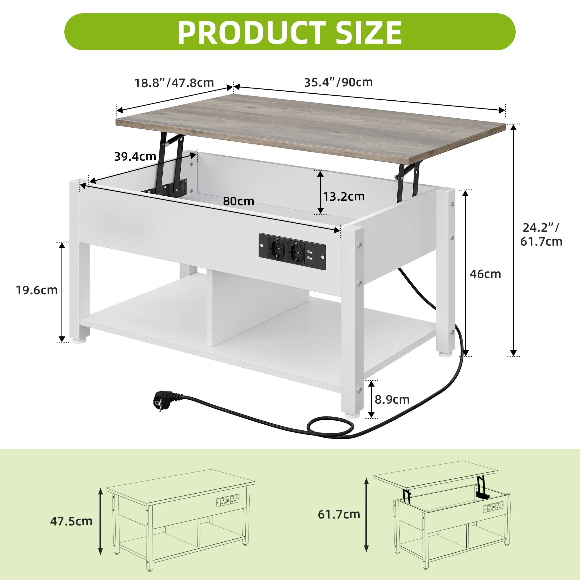 Mesa elevatória branca/cinza YITAHOME – altura ajustável com 2 níveis de armazenamento e compartimento LED oculto
