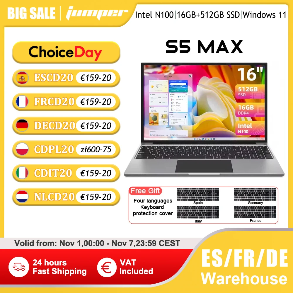 Jumper EZbook S5 Max Laptop 16 Cal, 16GB RAM 512GB SSD, procesor olcha Lake N100 Notebook, bateria 38Wh, dwa głośników, typ C