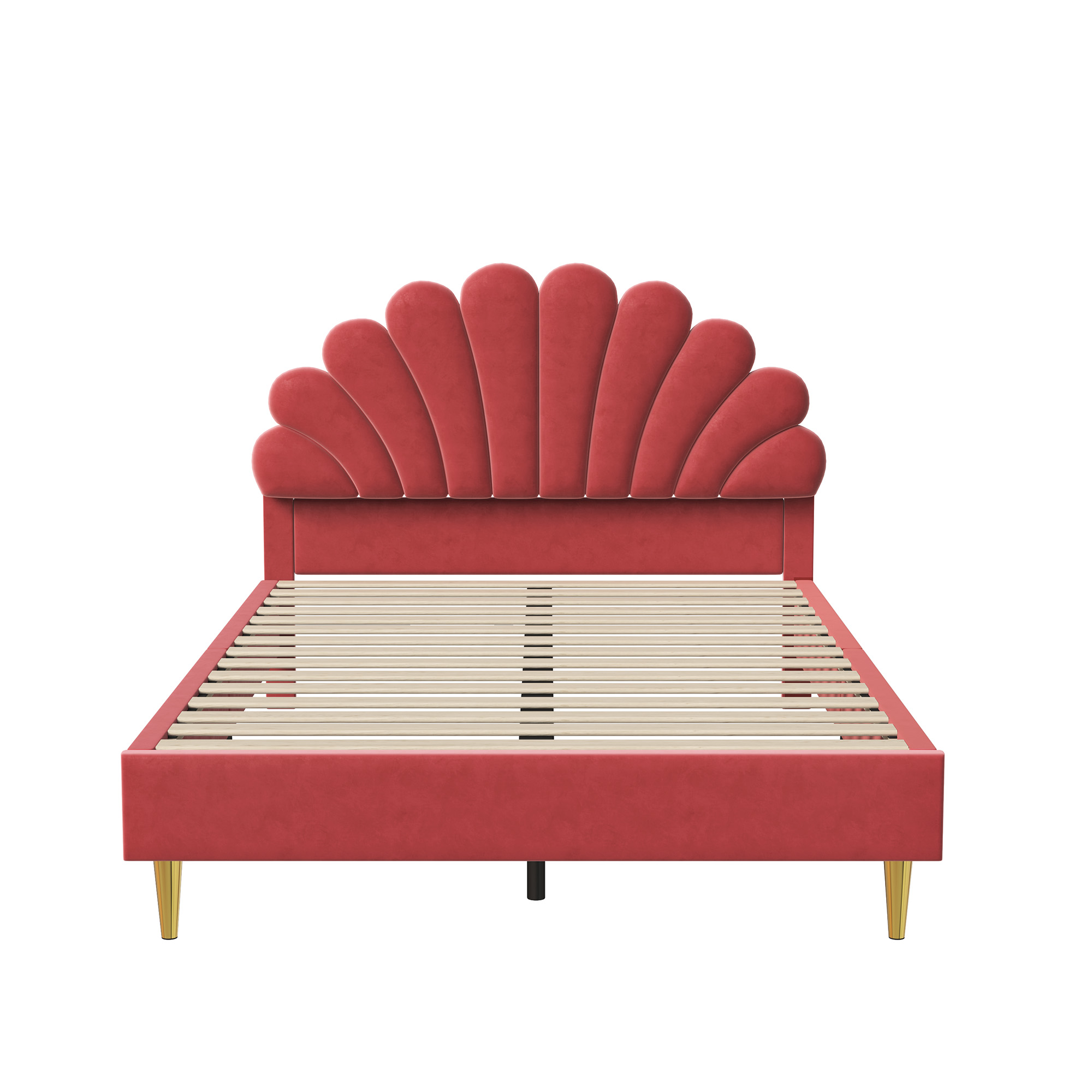 Comanlai Kinderbed 140X200 Cm, Gestoffeerd Tweepersoonsbed Met Lattenframe, Bedframe Met Hoofdeinde In Bloemvorm, Fluweel