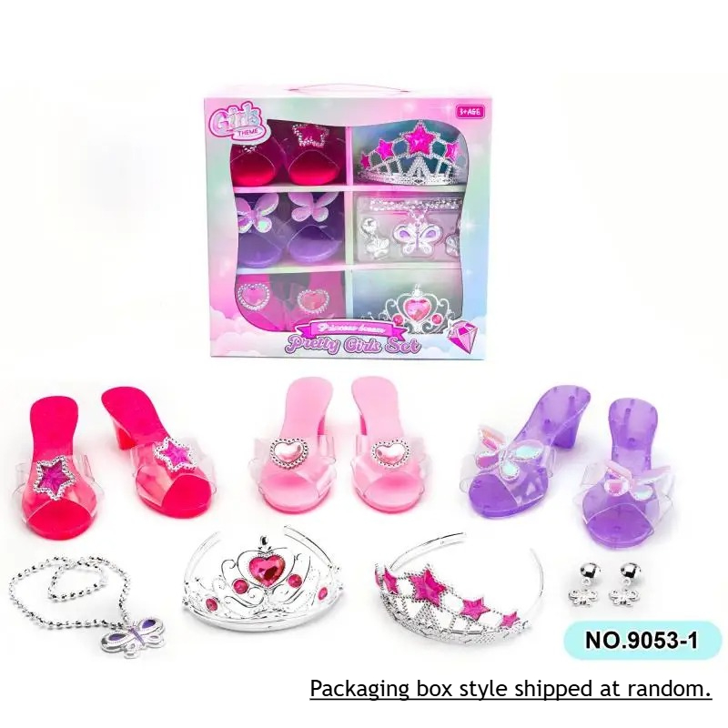 Conjunto de juguetes de joyería para niñas, zapatos de cristal, collar, pendientes de corona, pulsera, juego de maquillaje, vestir, juguetes de princesa para niños, juego de rol