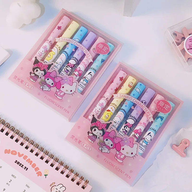 6 ชิ้น Sanrio Highlighter ชุดปากกา Kawaii Hello Kitty Kuromi Melody Cinnamoroll Art เรืองแสงเครื่องหมายปากกาโรงเรียน Office Statione