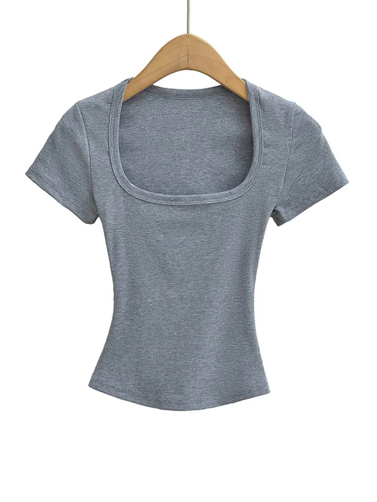 Top corto estivo ad alta elasticità con collo quadrato, camicia base pullover slim fit da donna a maniche corte