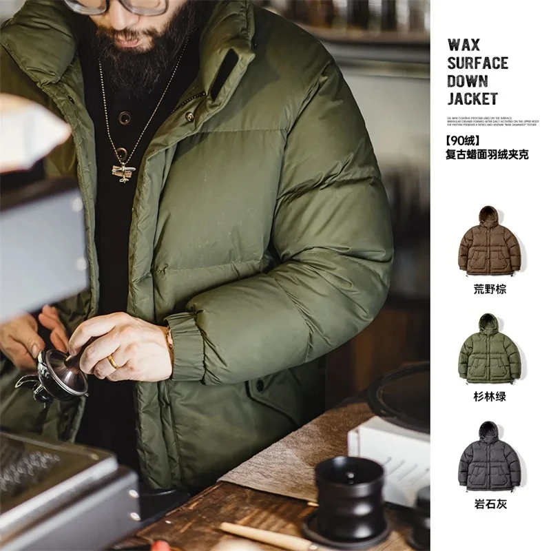 Maden Winter-Daunenjacke mit Wachsoberfläche für Herren, abnehmbare Kapuze, verdickt, warm, Stehkragen, Mantel, gepolsterte Oberbekleidung für Herren
