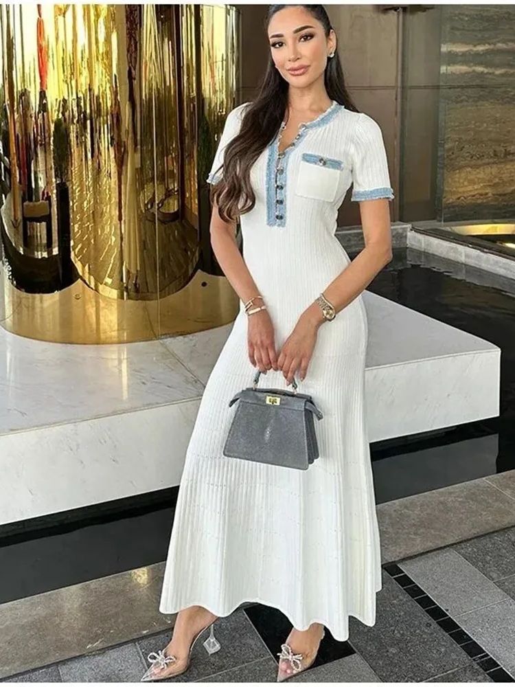 Elegante V-Hals Denim Patchwork Gebreide Lange Jurk Vrouwen Mode Korte Mouwen Bodycon Jurken Office Dame Zakken Gewaden