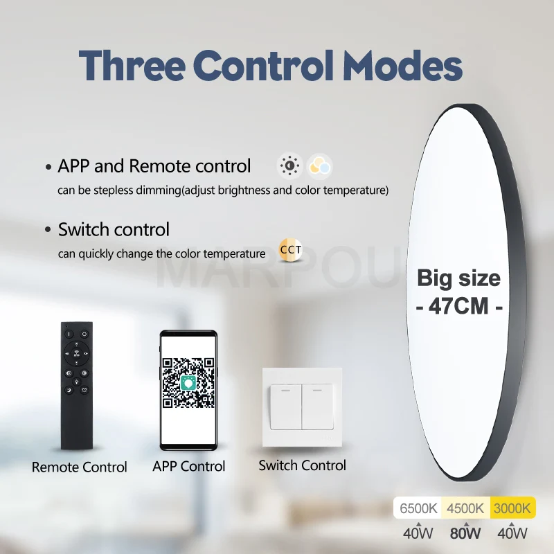 MARPOU Lampada da soffitto intelligente di grandi dimensioni lampada a led per camera da letto Plafoniere da 80 W con telecomando Luci a led dimmerabili per camera