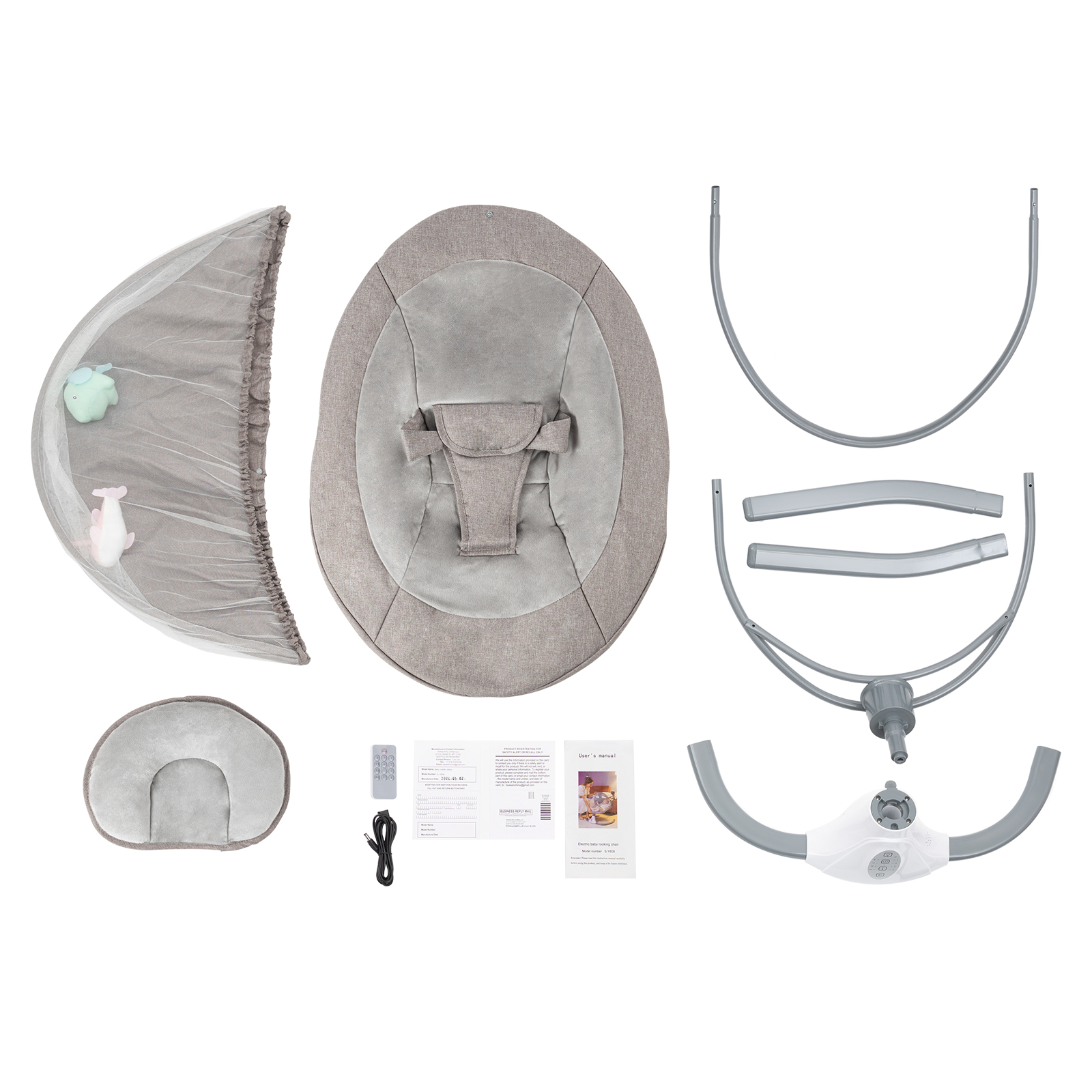 Babyschaukel elektrisch mit Musik, Bluetooth-Babywiege, 4 einzigartige U-förmige Bewegungsgeschwindigkeiten, Fernbedienung, USB, Grau, 0–10 Monate