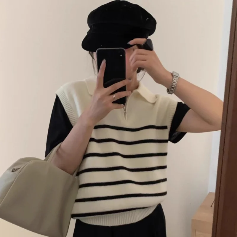 Retro Revers Rits Gestreept Gebreid Vest Vrouwen Herfst Winter Koreaanse Mode Mouwloze Truien Casual Eenvoudig Pullover Vest