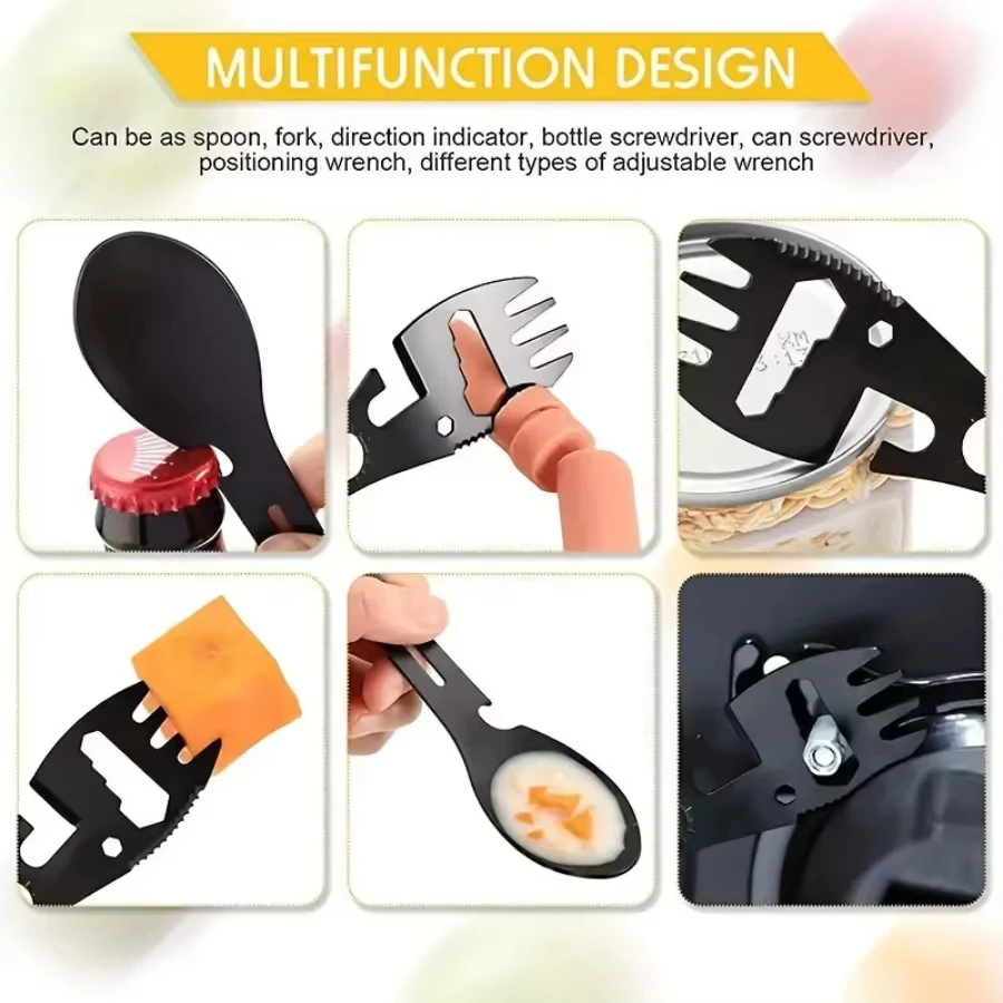 Coltello da campeggio multifunzionale con fischietto, forchetta da sopravvivenza all'aperto, cucchiaio da cucina, chiave multifunzionale apribottiglie