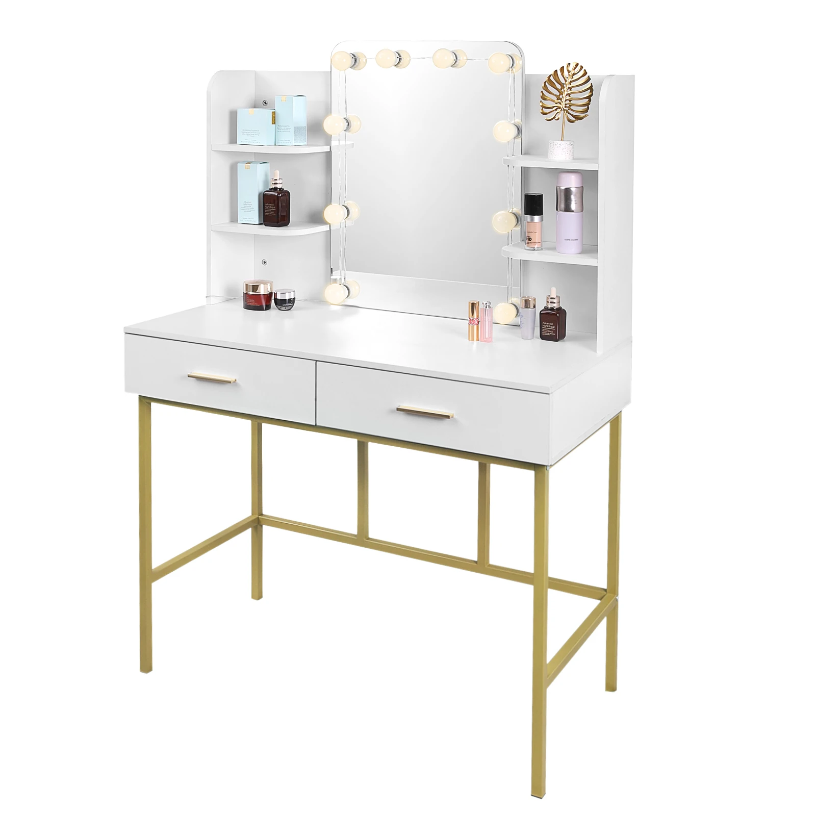 WOLTU Bureau de vanité en or blanc avec miroir Éclairage LED 2 tiroirs Commode moderne Coiffeuse Table de maquillage pour chambre à coucher Maison