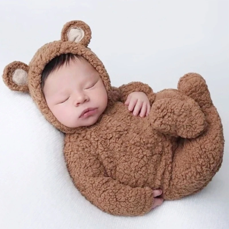 2 szt. Rekwizyty fotograficzne dla Baby Boy Girls kombinezon unisex niedźwiedź czapka z uszami Footed Romper noworodka sesja zdjęciowa akcesoria