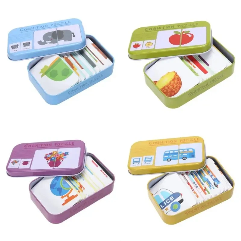 Baby Cognition Puzzle Toys Toddler Kids Iron Box Cards Matching Game scheda cognitiva Car Fruit Animal Life Puzzle Gift