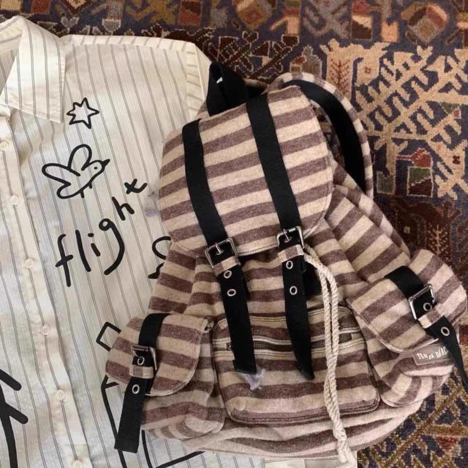 Korean Sle Striped Canvas Backpack Women's 2024 Newjeans Functional Bookbag Commuter Versatile Double Shoulder Bag