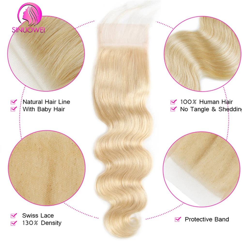 Pacotes Brasileiros de Cabelo Humano com Fechamento, Onda Corporal, Gengibre Laranja, 613, 3, 4 Pacotes com Fechamento, #350
