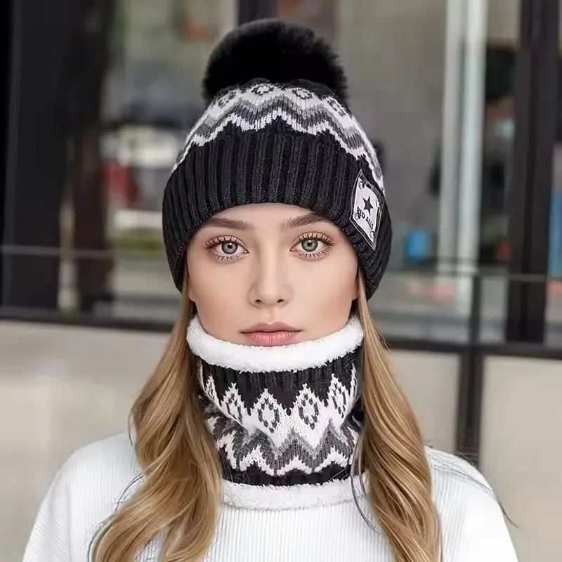 Set da 2 pezzi scaldacollo e cappello foderato in pile combinato per ciclismo all'aperto autunno/inverno, berretto spesso lavorato a maglia