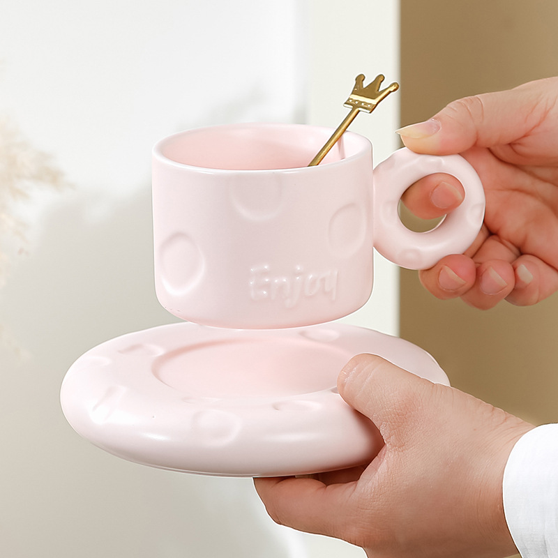 Set cangkir kopi dan piring, Mug cangkir kopi keramik jus susu bentuk donat Latte Mug rumah kue makanan penutup warna Solid